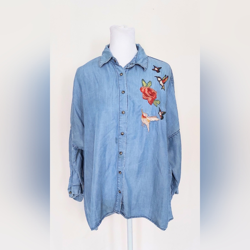 Lefon 36 Embroidered Button Down Shirt Womens Large Hummingird Blue VTG